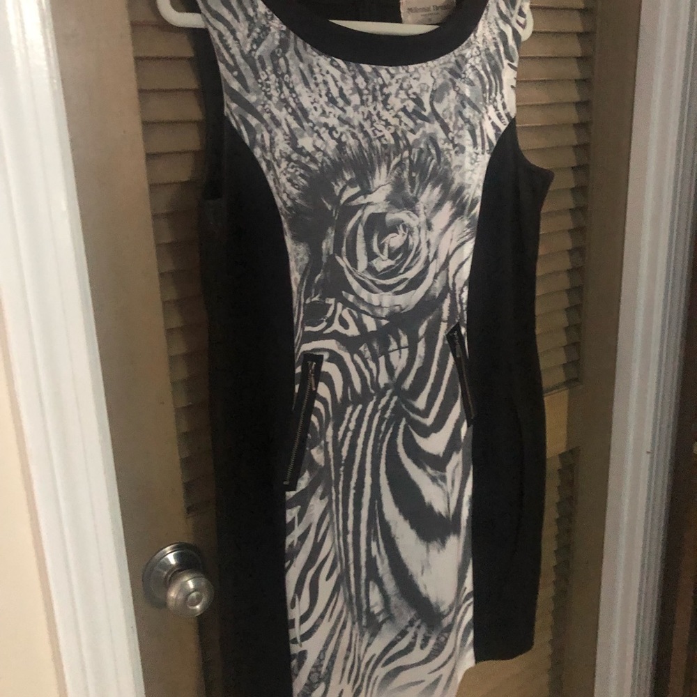 Black with white detailed dress size is XL.  Zipper on back.